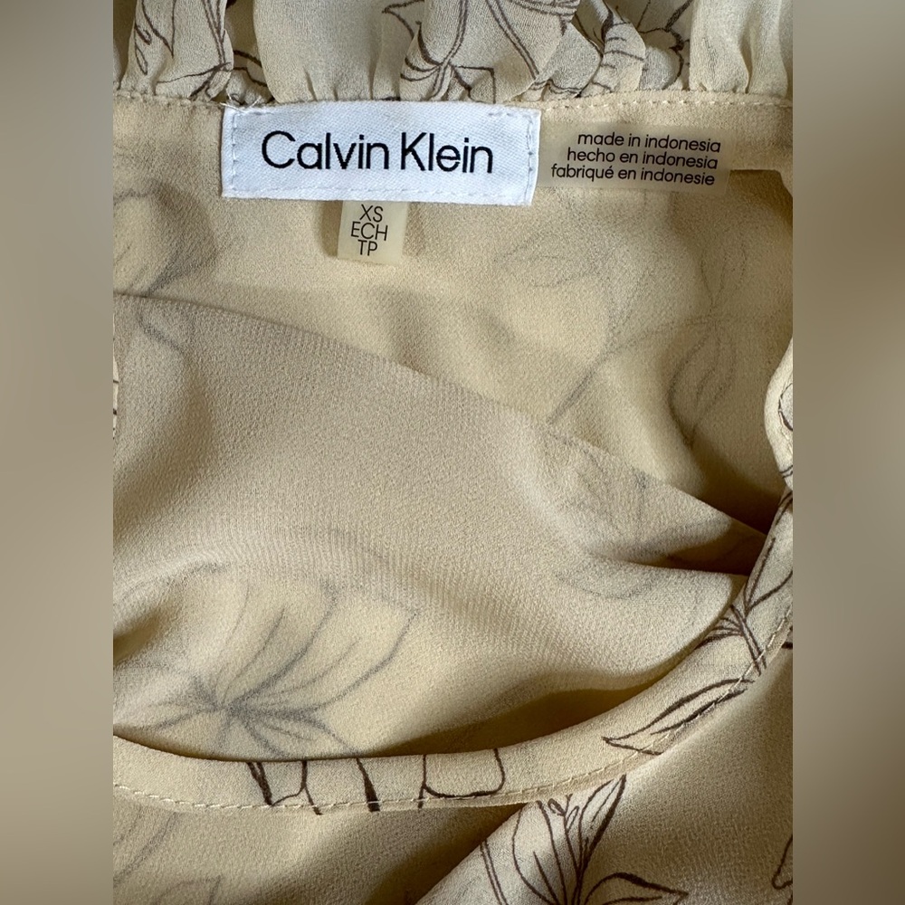 Calvin Klein Long Sleeve Ruffled Sheer Floral V-neck Tan Blouse Pre-owned XS - Picture 6 of 7